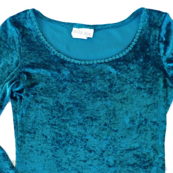 Vintage 80s 90s Crushed Velvet Fitted Stretch Teal Macrame Trim Anchor Blue S - Picture 6 of 8